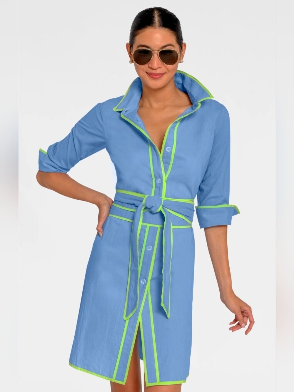 #spring Gretchen Scott Designs Blue Shirt Dress with Lime Trim